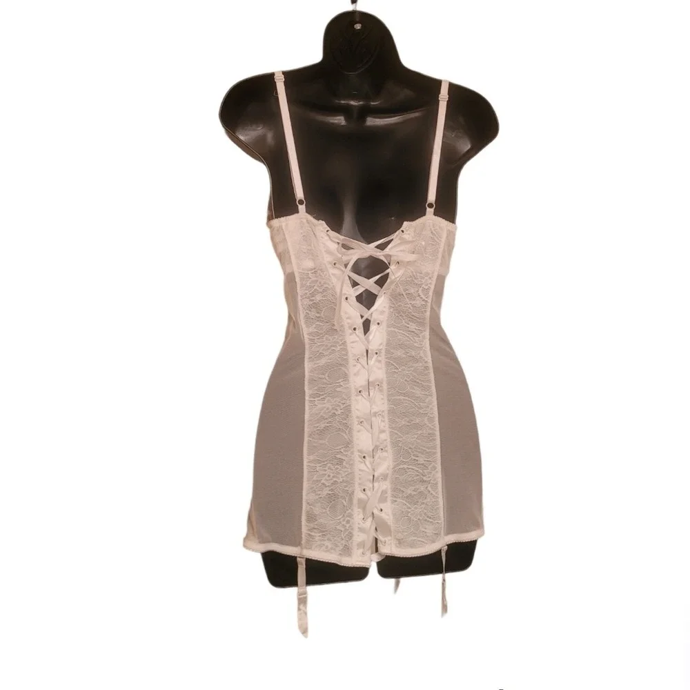 Vintage Cream Lace Mesh Corset Back Chemise Garter Slip Underwire Lingerie‎ - Picture 4 of 7